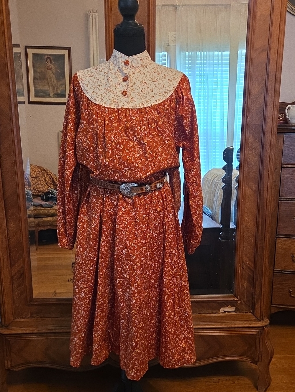 Handmade Rust Floral Long-Sleeve Midi Dress with Cream Contrast Yoke